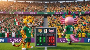Mascotas de un jaguar y un ajolote en un campo de fútbol frente a una multitud de aficionados en un estadio, con un marcador que dice "IN" y "OUT"