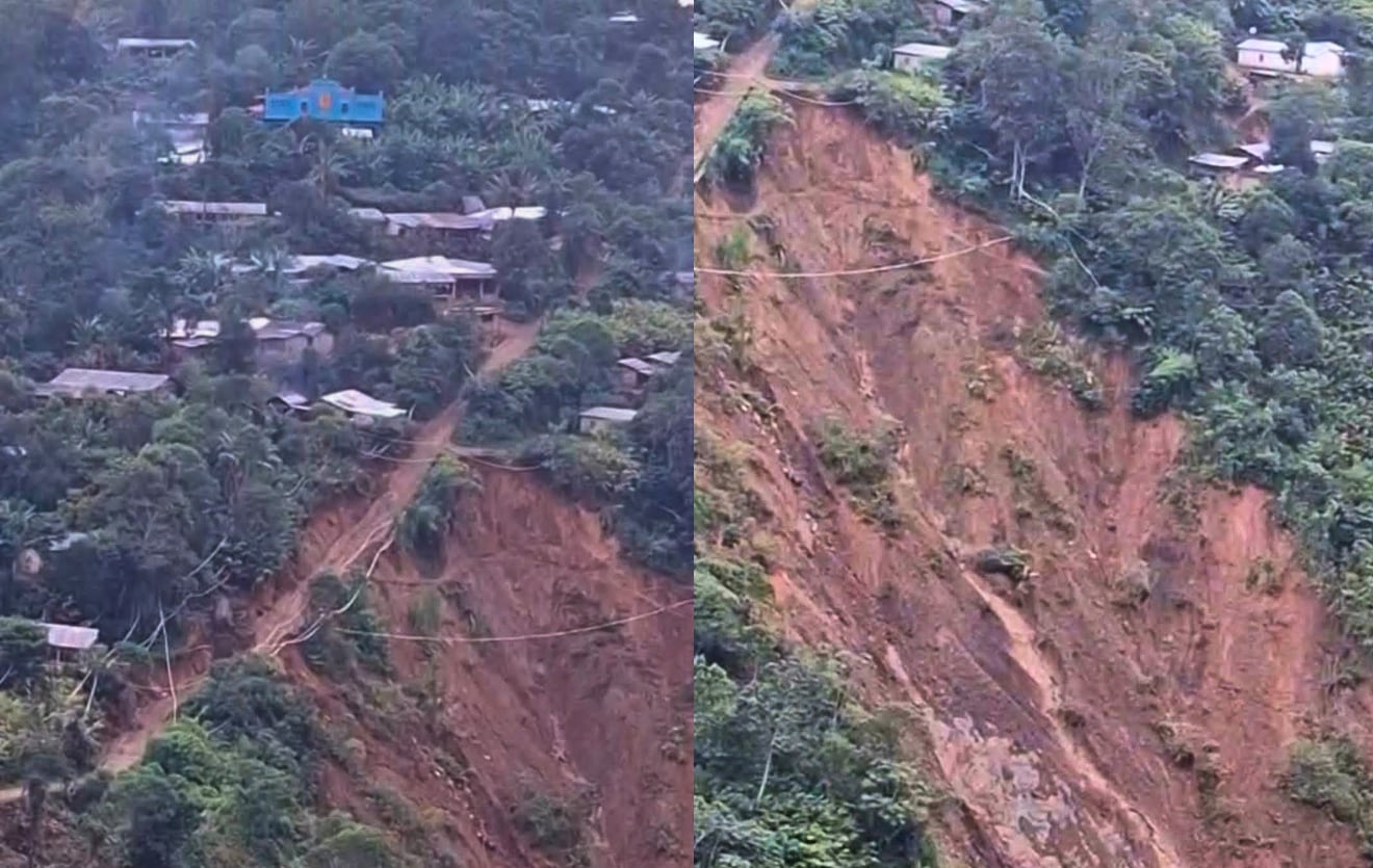 Un derrumbe en Santo Domingo tres, Santa Catalina La Tinta, amenaza de forma directa a por lo menos 10 familias en Alta Verapaz, Guatemala. (Captura de video)