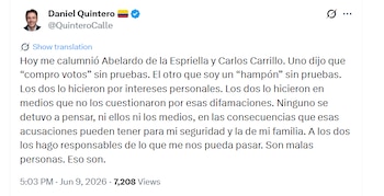 Daniel Quintero calificó las acusaciones como calumnias y señaló que fueron realizadas por intereses personales - crédito @QuinteroCalle/X