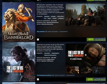 Dos recuadros de videojuegos con imágenes, títulos, descripciones, etiquetas, fechas de lanzamiento, desarrolladores, editores y precios con descuentos