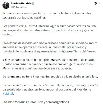 Bullrich mostró un apoyo total al discurso de Milei en redes sociales, además de que lo acompañó durante la cadena nacional