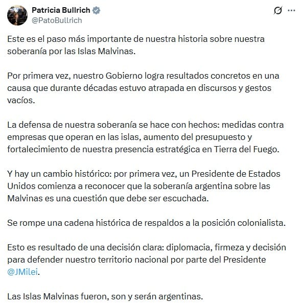 Bullrich mostró un apoyo total al discurso de Milei en redes sociales, además de que lo acompañó durante la cadena nacional