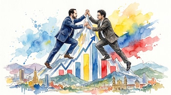 Ilustración acuarela de Abelardo de la Espriella e Iván Cepeda, vestidos de traje, compitiendo sobre un gráfico de barras ascendente con un paisaje urbano y montañoso de fondo.