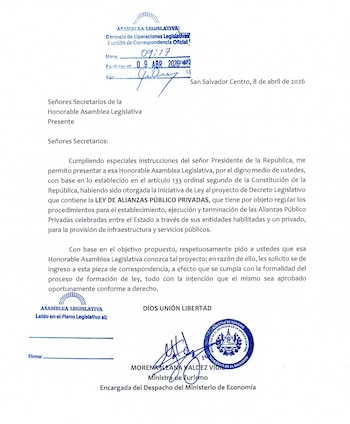 El documento sometido al Legislativo prevé una autoridad adscrita al Ministerio de Hacienda, encargada de supervisar contratos de infraestructura y servicios con mecanismos estrictos de evaluación, participación de múltiples sectores y límites claros de exclusión (Captura de pantalla de la correspondencia admitida por el Órgano Legislativo)