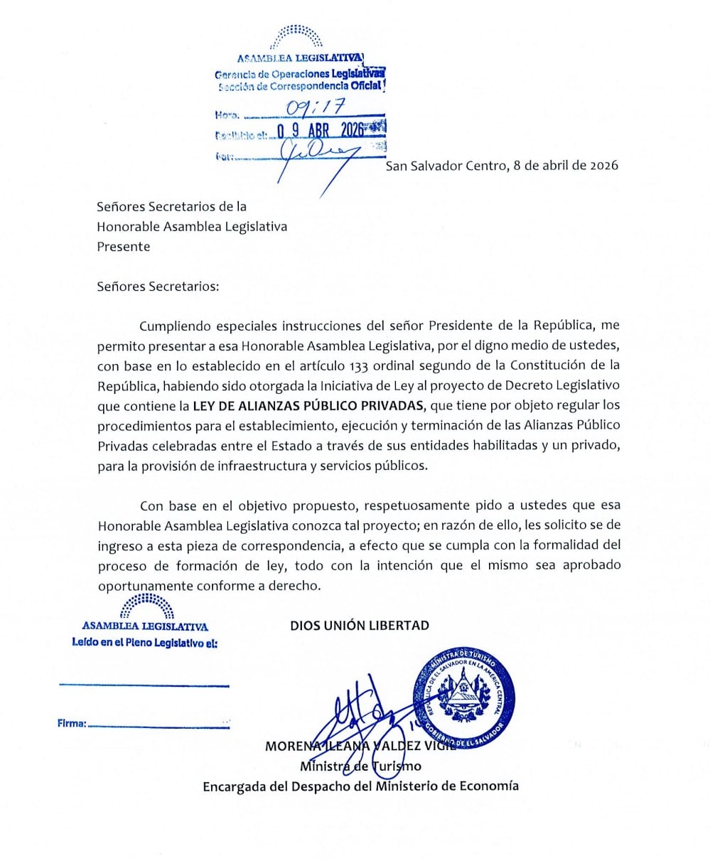 El documento sometido al Legislativo prevé una autoridad adscrita al Ministerio de Hacienda, encargada de supervisar contratos de infraestructura y servicios con mecanismos estrictos de evaluación, participación de múltiples sectores y límites claros de exclusión (Captura de pantalla de la correspondencia admitida por el Órgano Legislativo)
