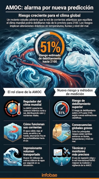 Infografía sobre la AMOC, destacando un mapa de corrientes oceánicas en el Atlántico, un dial del 51% de riesgo de debilitamiento y paneles informativos.