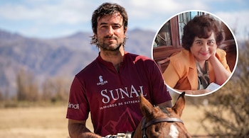 Un hombre con camisa de polo oscura monta a caballo al aire libre con montañas de fondo; un círculo superpuesto a la derecha muestra el rostro de una mujer sonriente.