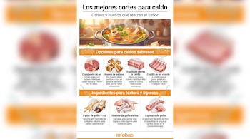 Infografía: tazón de caldo. Ilustraciones de chamberete de res, huesos de tuétano, espinazo, costilla, patas de pollo, huesos de pollo. Texto y logo Infobae.