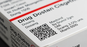 Primer plano de un código QR negro impreso en el lateral de una caja de medicamentos blanca, con texto en inglés y una línea roja.
