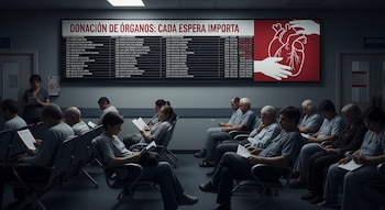 Sala de espera de hospital con personas sentadas, una pantalla grande con texto sobre donación de órganos, un corazón y manos ilustrados.