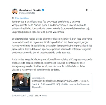 Captura en X - Miguel Ángel Pichetto pide la anulación de la condena de Cristina Kirchner
