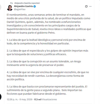 El exministro Alejandro Gaviria reflexionó sobre lo que considera que es problemático ante la llegada de Daniel Quintero a la Superintendencia Nacional de Salud - crédito @agaviriau/X