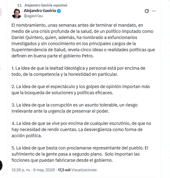 El exministro Alejandro Gaviria reflexionó sobre lo que considera que es problemático ante la llegada de Daniel Quintero a la Superintendencia Nacional de Salud - crédito @agaviriau/X
