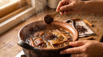 Unas manos vierten café molido con una cuchara de madera en una olla de barro con agua caliente, trozos de piloncillo y ramas de canela.