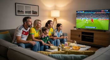 Familia de cuatro personas en un sofá viendo el Mundial de fútbol 2026 en televisión. Visten camisetas de selecciones nacionales. Bocadillos y bebidas en la mesa.