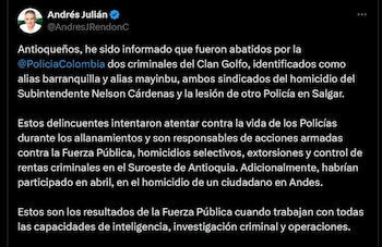 Gobernador Rendón resalta los avances en inteligencia y operaciones contra el Clan del Golfo junto a críticas a la "paz total" - crédito @AndresJRendonC / X