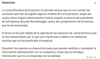 La Junta Directiva de Ecopetrol aclaró que el regreso de Ricardo Roa no ha sido objeto de la agenda de las sesiones del órgano - crédito Ecopetrol