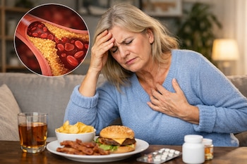Mujer rubia con expresión de dolor, mano en la cabeza y pecho, sentada con comida chatarra y medicamentos en una mesa. Arriba, ilustración de arteria con colesterol.