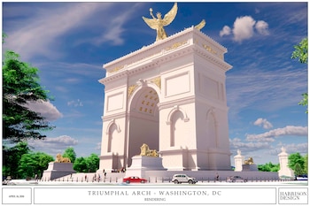 Rendering de un arco triunfal blanco con detalles dorados, una estatua alada en la cima y estatuas de leones en la base. Personas y coches transitan bajo un cielo azul