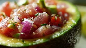 La mezcla de atún, tomate,