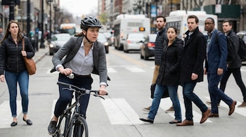Una mujer con casco y vestimenta de negocios pedalea una bicicleta negra en una calle urbana, tocando el timbre. Peatones con expresiones de sorpresa cruzan detrás.