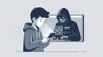 Ilustración de un joven que usa un teléfono móvil frente a la figura encapuchada de un ciberdelincuente frente a una pantalla.