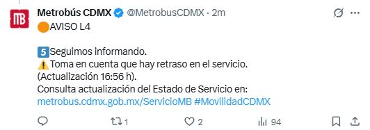 Actualización del Metrobús. 5 de septiembre. Foto: x.com/@MetrobusCDMX