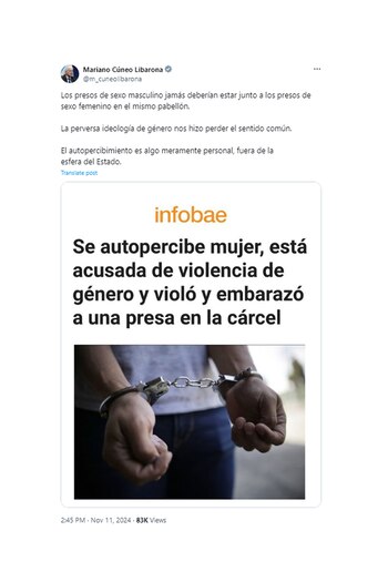 Mariano Cúneo Libarona, ministro de Justicia de la Nación, consideró que "la perversa ideología de género nos hizo perder el sentido común".