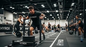 Un hombre empuja un trineo de pesas en una pista marcada con "HYROX". Otros atletas entrenan en el fondo del gimnasio con equipo de fitness.