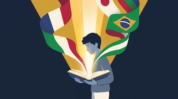 Un joven sostiene un libro abierto iluminado del que salen cintas con las banderas de Francia, Italia, Japón y Brasil sobre un fondo oscuro.