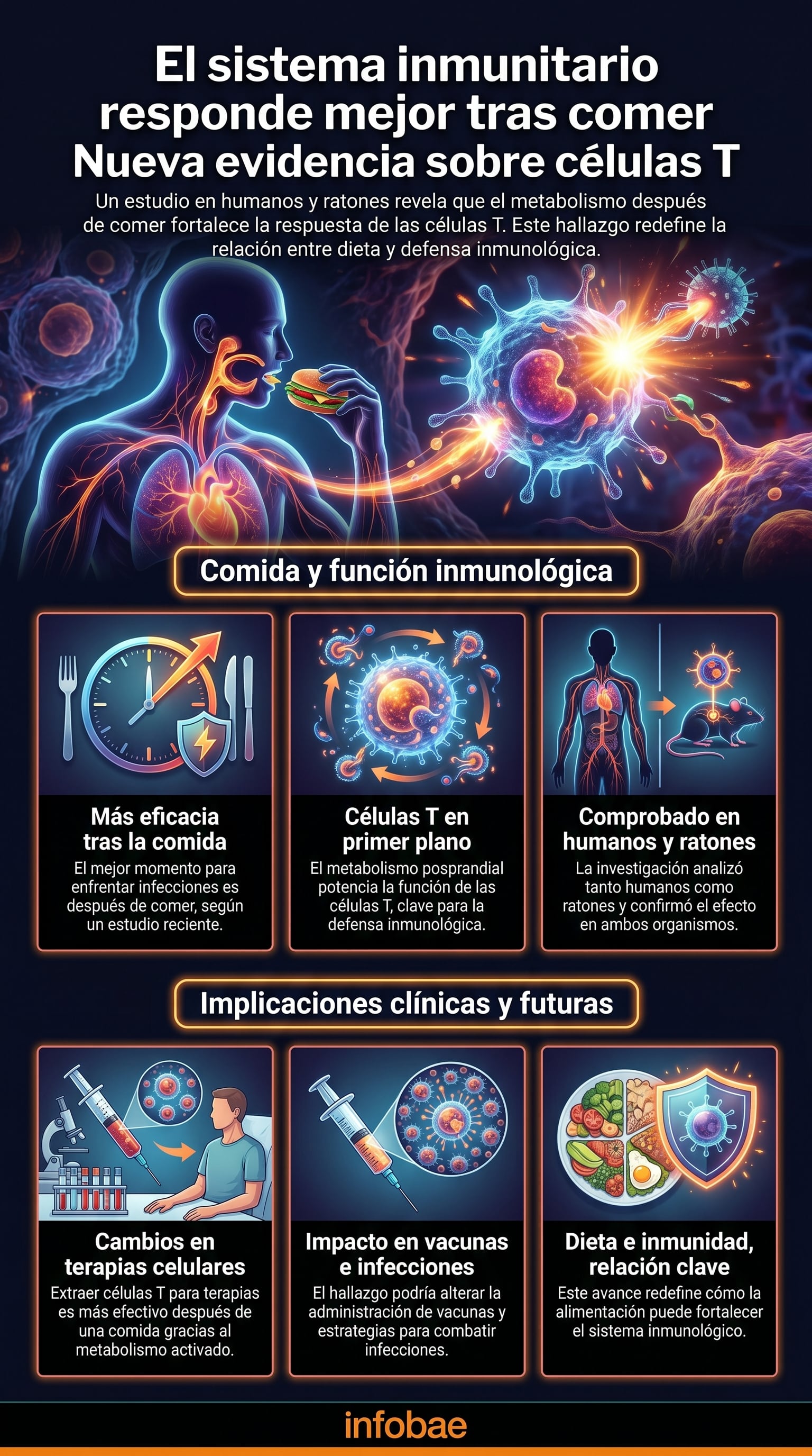 Un reciente estudio en humanos y ratones demuestra que el metabolismo posprandial optimiza la función de las células T, fortaleciendo la respuesta inmunitaria del cuerpo y abriendo nuevas vías para terapias y vacunas. (Imagen Ilustrativa Infobae)