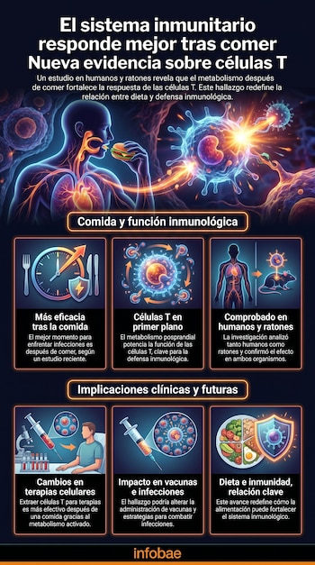 Infografía ilustra a una persona comiendo, órganos internos brillantes, células inmunitarias y virus, junto a diagramas de reloj, jeringas y alimentos saludables.