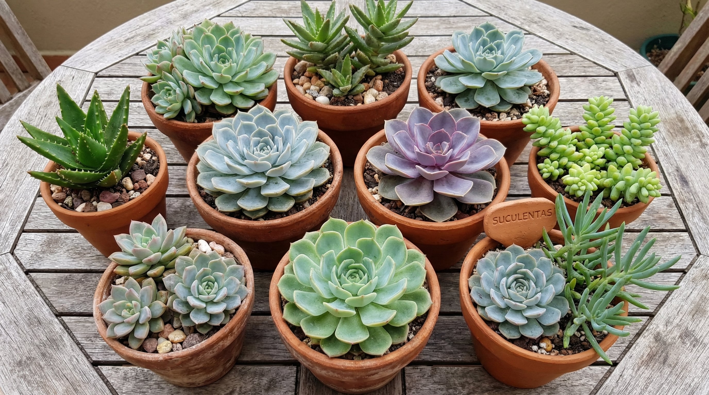 Una colorida variedad de plantas suculentas, incluyendo echeverias y aloes, se exhibe en macetas de terracota sobre una mesa de madera clara, realzando la belleza natural del hogar. (Imagen Ilustrativa Infobae)