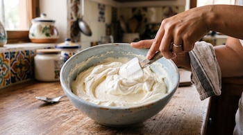 Mano que sostiene una espátula dentro de un cuenco con crema blanca sobre una mesa de madera, con una cuchara y frascos al fondo.