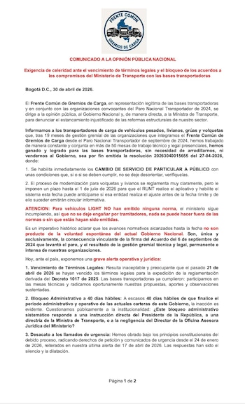Siete organizaciones del transporte de carga firmaron el comunicado del 30 de abril de 2026, en el que denuncian 19 meses de incumplimientos del Gobierno tras el paro nacional de septiembre de 2024- crédito Frente Común Gremios de Carga