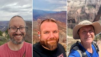Tres retratos individuales de hombres al aire libre con cañones y montañas de fondo