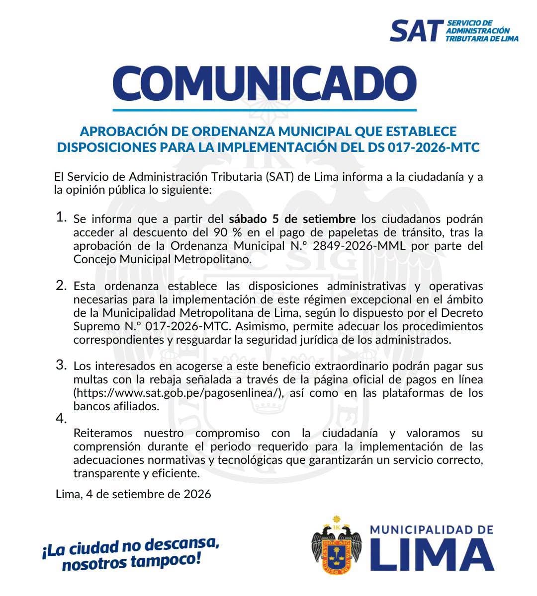 Comunicado completo de la Municipalidad de Lima. Foto: Municipalidad de Lima