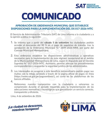 Comunicado completo de la Municipalidad de Lima.