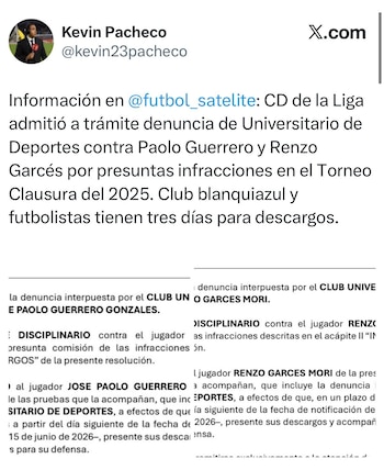Universitario denunció a Paolo Guerrero y Renzo Garcés por faltas cometidas en el 2025.