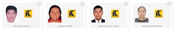 Cuatro recuadros con fotos tipo carné de candidatos: un hombre de mediana edad, una mujer, un hombre joven y otra mujer, todos junto a un logo amarillo de carretera