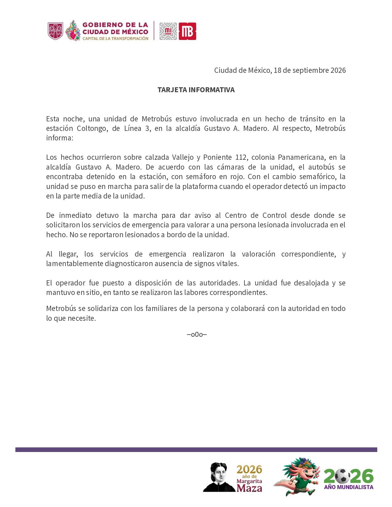 Según el organismo, la unidad se encontraba detenida en la estación y tenía el semáforo en rojo. (Metrobús)