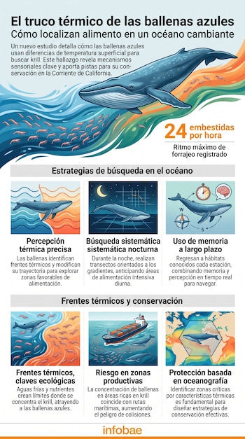 Infografía con ilustraciones de ballenas azules, datos sobre frentes térmicos, esquemas de navegación y la marca de Infobae en la base.
