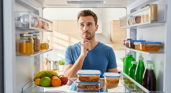 Vista interior de una nevera abierta mostrando a un hombre pensativo con camiseta azul. Contiene frutas, botellas y recipientes con comida preparada.