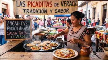 Una mujer cocina picaditas sobre un comal en un puesto callejero frente a un cartel y una pizarra con letreros escritos.