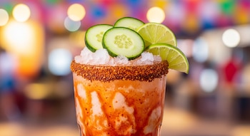 Vaso alto de chamoyada de pepino granizada con chamoy en las paredes, borde con chile en polvo, y rodajas de pepino y limón sobre hielo, con un fondo bokeh veraniego colorido.