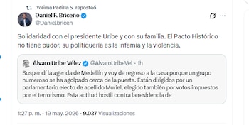 El congresista electo Daniel F. Briceño criticó actos de vandalismo en la casa del expresidente Álvaro Uribe - crédito @Danielbricen/X