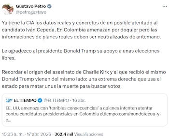 Gustavo Petro aseguró que la CIA tendría información sobre un posible atentado contra Iván Cepeda. - crédito @petrogustavo/X