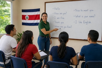 Una docente señala una pizarra con frases en inglés frente a cuatro estudiantes sentados en un aula con la bandera de Costa Rica.