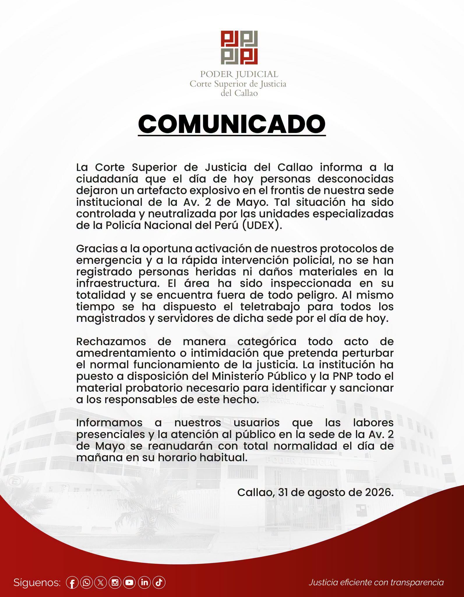 La Corte Superior de Justicia del Callao emite un comunicado sobre la neutralización de un artefacto explosivo y la suspensión de labores presenciales en su sede de Perú.