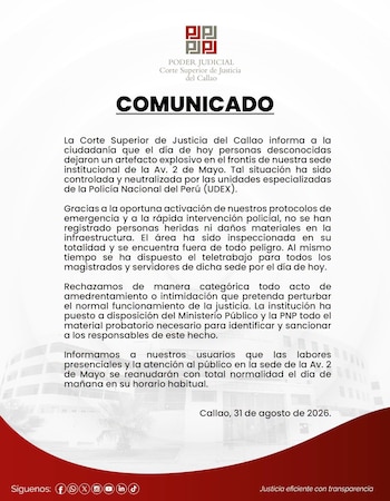 Un documento digital titulado Comunicado emitido por la Corte Superior de Justicia del Callao con fecha 31 de agosto de 2026